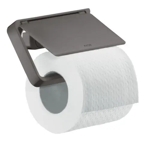 Toilettenpapierhalter in brushed black chrome von AXOR mit abgedecktem Design, der eine Rolle Toilettenpapier hält, montiert an einer Wand.